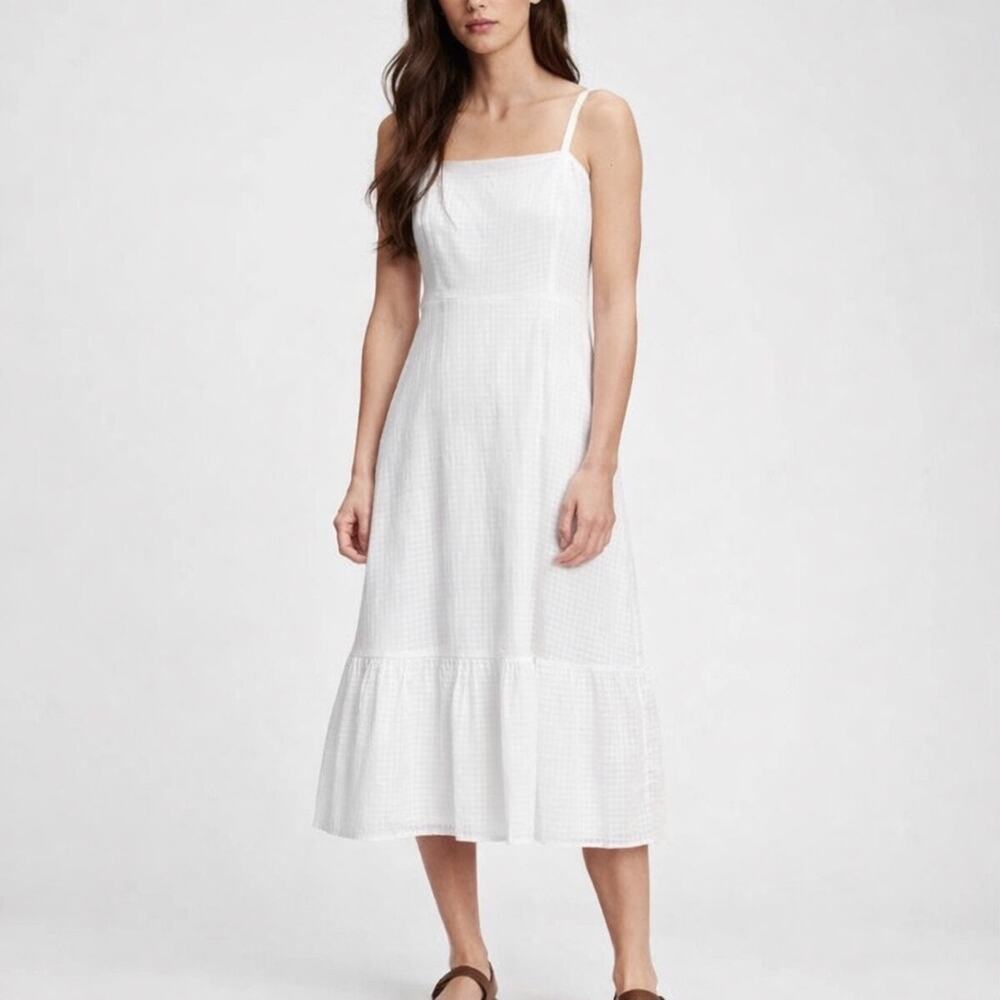 Gap White Squareneck Midi Dress Windowpane Tiered Lined Summer Size 4 Coastal